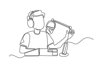 Single one line drawing Radio host speaks into the microphone on the air. Broadcasting. World radio day concept. Continuous line draw design graphic vector illustration.