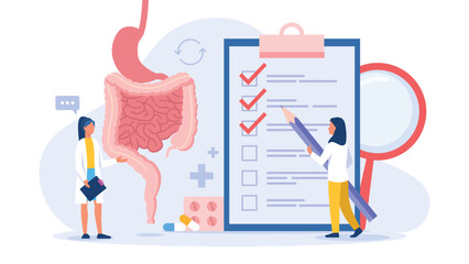 Vector illustration of gastrointestinal tract. Cartoon scene with doctors who examine the esophagus and prescribe medications on white background.