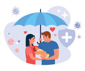 Vector illustration of child protection. Cartoon scene with couple who hold newborn baby and try to protect him on white background.
