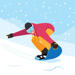 Vector illustration of snowboarder. Cartoon scene with a guy who rides from a snowy mountain on a snowboard.