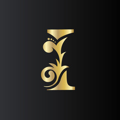 Golden Initial Letter I with simple floral leaves. Luxury Natural Logo Icon. Elegant botanic design Vector illustration