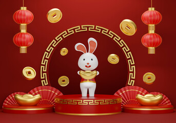 Chinese New Year, Zodiac, Golden Rabbit and Red Lantern.3d illustration
