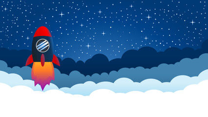 Rocket Ship flying on the night sky full of stars. Development technology. Startup concept. Vector illustration