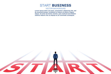 Businessman standing at start line. The starting point to grab the finish line in the future. Startup banner to compete against itself. Business Concept. Vector illustration
