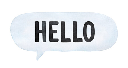 Watercolour illustration of oval quote message speech bubble with word in English: 