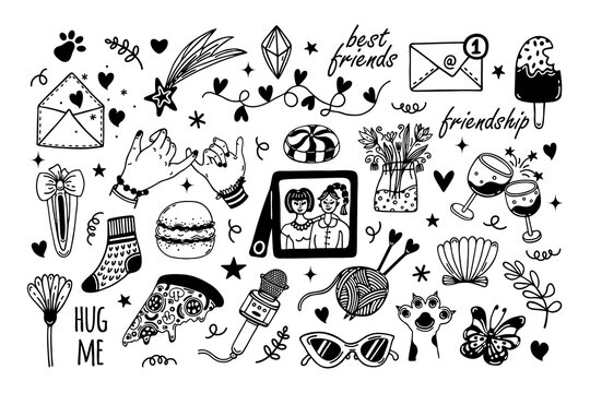 Friendship vector icons set. Friends, colleagues, team. Symbols of good relations - girlfriends photo, wine glasses, sweets, letters, shared hobby. Hand drawn doodles for cards, web. Isolated on white