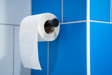 Close-up of a roll of white toilet paper rolled hanging on a blue stone wall on a holder. Public...