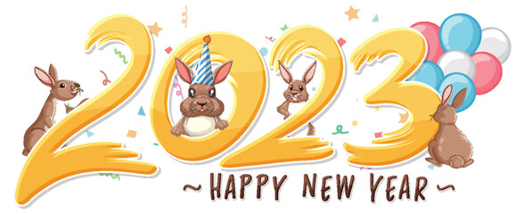 Happy New Year text with cute rabbit for banner design