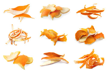 Collage with dry orange peels on white background