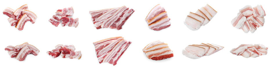 Collage with pieces of pork fatback isolated on white, top and side views. Banner design