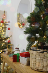 Potted fir tree and gift boxes on wooden table indoors. Christmas decoration