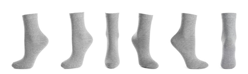 Set with light grey socks on white background. Banner design