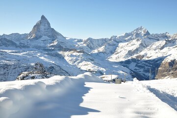 Mount Matterhorn in the snow-covered Swiss town of Zermatt