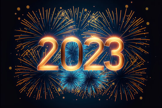 Number 2023 celebrate new year with blue and yellow fireworks exploding in the black background. New year celebration wallpaper banner.
