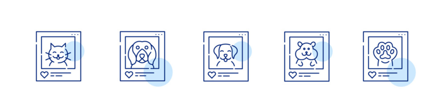 5 pet blogger icons. Cat, dog and hamster. Pixel perfect, editable stroke design