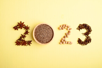 2023 new year made from spices (star anise, caraway, cardamom and cloves) on yellow background