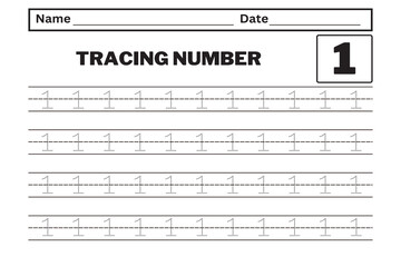 Number 1 tracing practice worksheet with all numbers for kids learning to count and write. Worksheet for learning numbers. Number training writes and counts numbers. Exercises handwriting practice