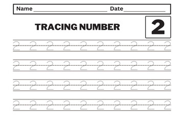 Number 2 tracing practice worksheet with all numbers for kids learning to count and write. Worksheet for learning numbers. Number training writes and counts numbers. Exercises handwriting practice