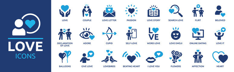 Love icon set. Containing heart, couple, cupid, passion, valentine, online dating icons. Solid icon collection. - obrazy, fototapety, plakaty