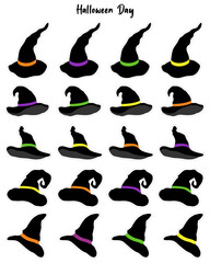 Set of Halloween witch black hat isolated stickers.