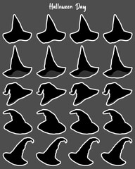 Set of Halloween witch black hat isolated stickers.