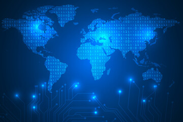 World map grid on binary code with digital circuit light represent to world communication. Vector illustration.