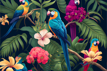 tropical pattern with parrots and flowers in bright colors