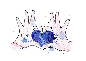 watercolor illustration heart from hands. Valentine's Day. lineart for printing postcards, banners, postcards.