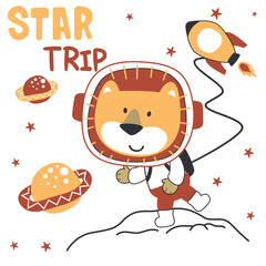Fototapeta premium Vector illustration of cute cartoon astronauts little lion in space, Childish design for kids activity colouring book or page.