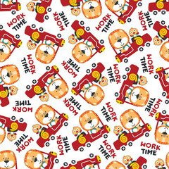 Seamless pattern of fire fighter car with lion fire fighter animal cartoon. Creative vector childish background for fabric, textile, nursery wallpaper, card, poster and other decoration.