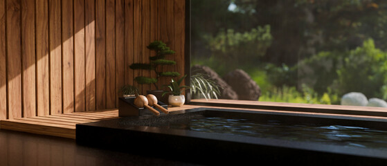 Luxury beautiful Japanese Onsen or jacuzzi against the large glass window with beautiful nature view - obrazy, fototapety, plakaty