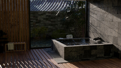 Japanese outdoor Onsen space exterior design with stone bath against the stone wall