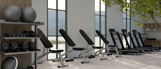 Modern contemporary fitness center interior design with a row sport equipment