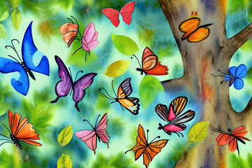 watercolor painting digital art high quality, of a forest landscape butterflies and trees, in colors consistent Ai Generative