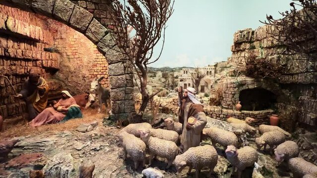 Unusual representation for Christmas decorations with hand-painted nativity figurines. In this scene Joseph with Virgin Mary and baby Jesus in rural landscape with shepherd and sheep. Zoom in