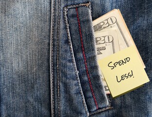 Dollars banknote cash in copy space Jeans pocket with note SPEND LESS, concept of set budget...