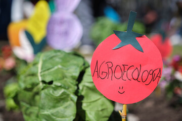 Paper figure of tomato with word justice, concept of sustainable agriculture