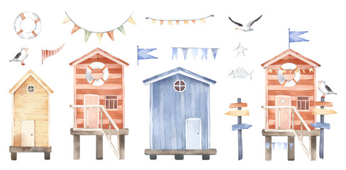 Watercolor hand drawn set, colorful illustration of cute small beach huts, red striped cabins, flags, seagulls, lifebuoy. Summer marine composition, sea coast elements isolated on white background.
