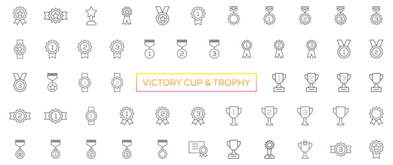 Fototapeta na wymiar Award line icons. Winner medal, Victory cup and Trophy reward. Achievement linear icon set
