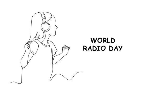 Single one line drawing happy young girl listening music with earphone. World radio day concept. Continuous line draw design graphic vector illustration.