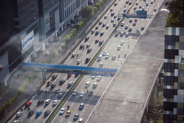 High angle view of roadway full of cars. Morning rush hour. Daylight view of highway.