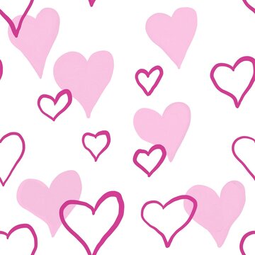 Hand drawn seamless pattern with pink st valentines day hearts love. Cute romantic doodle on white background, wrapping paper textile, valentine texture symbol fabric print, siple shapes.