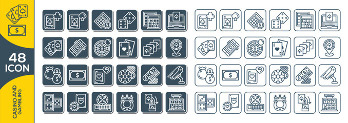 Collection of casino thin line icons. Simple Set of Gambling Related Vector Line Icons. Contains such Icons as Slot Machine, Roulette, Dice, On Line Poker and more.