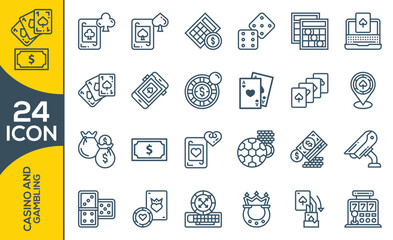 Collection of casino thin line icons. Simple Set of Gambling Related Vector Line Icons. Contains such Icons as Slot Machine, Roulette, Dice, On Line Poker and more.