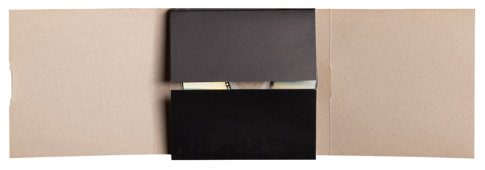 CD case sleeve craft paper brown and black with a disc png isolated on transparent background