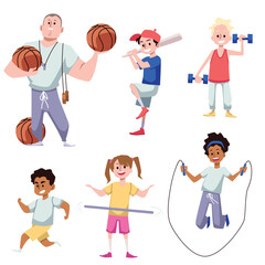 Schoolchildren and coach at physical education lesson flat vector isolated.