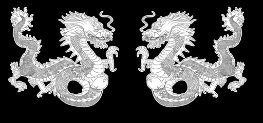 Japanese red dragon tattoo.Dragon on red background for Chinese New Year.Gold Chinese Dragon vector.Gold line art King Dragon tattoo.cartoon vector for t-shirt.