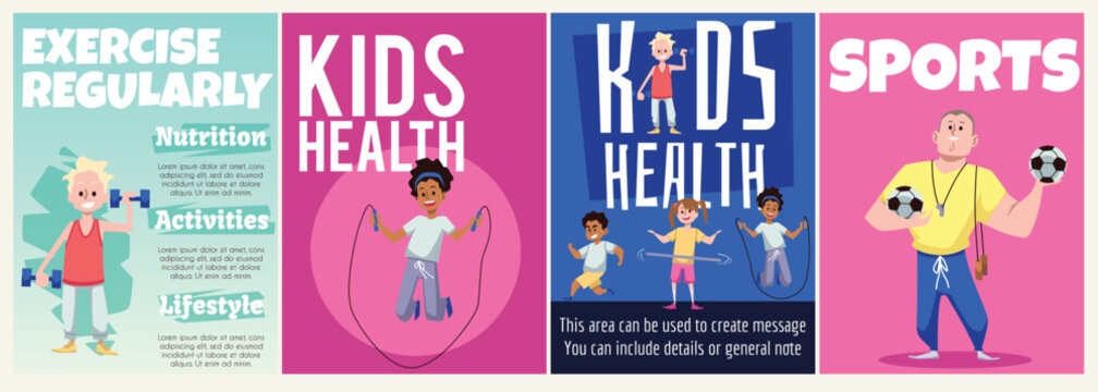 Kids health and physical education banners set, flat vector illustration.
