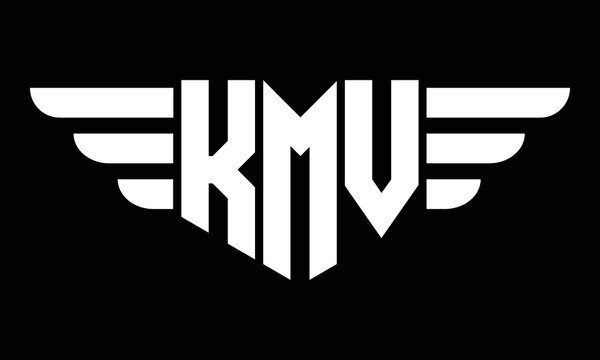 KMV three letter logo, creative wings shape logo design vector template. letter mark, wordmark, monogram symbol on black & white.