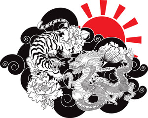 Dragon fighting with tiger tattoo.Dragon and tiger on cloud and red rising sun.Traditonal Japanese dragon and tiger for printing on T-shirt.Clip art.